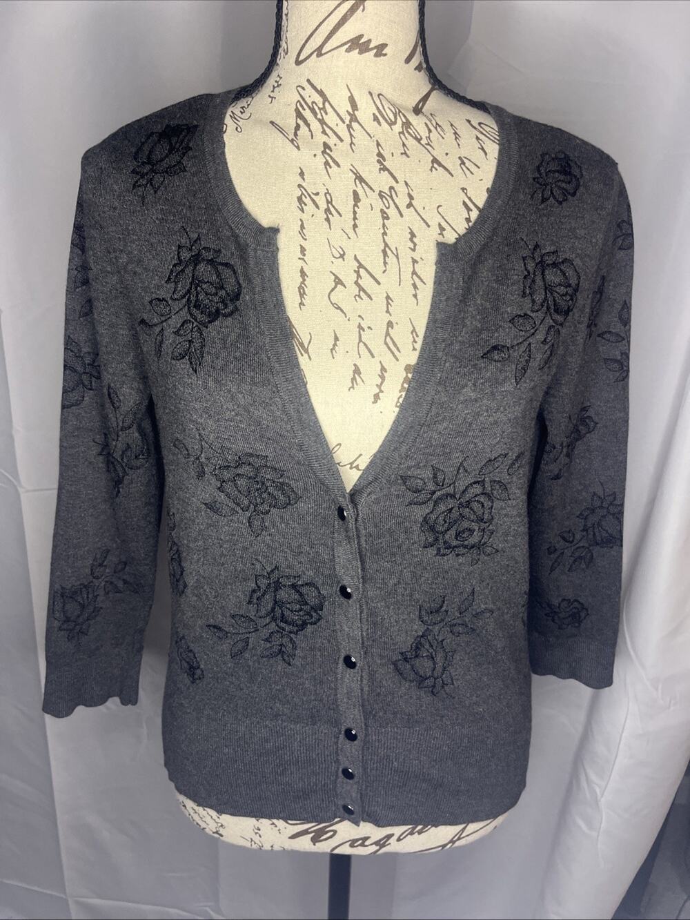 White House Black Market Long Sleeve Cardigan Grey Black Floral Women’s Size M